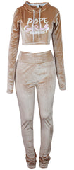 Hood Goodie Womens Panne Velvet Set Hooded Long Sleeve Top with Pants Sand