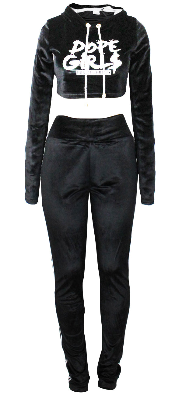 Hood Goodie Womens Panne Velvet Set Hooded Long Sleeve Top with Pants Black