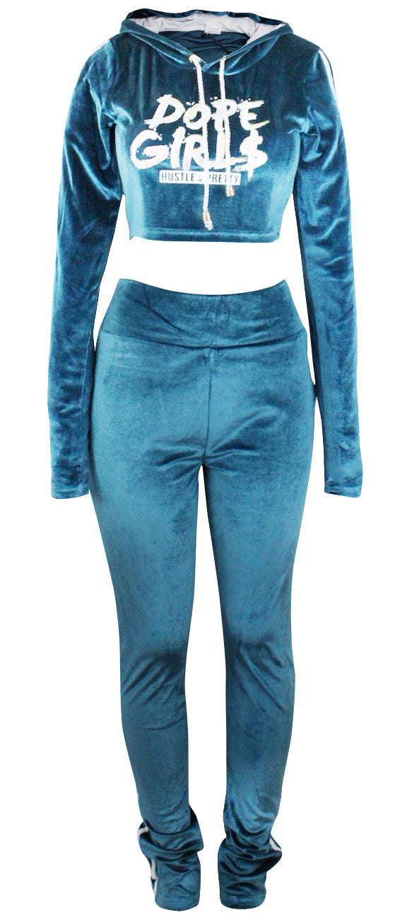 Hood Goodie Womens Panne Velvet Set Hooded Long Sleeve Top with Pants Jade