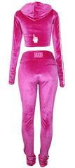 Hood Goodie Womens Panne Velvet Set Hooded Long Sleeve Top with Pants Pink