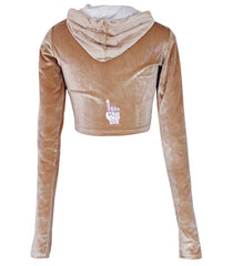 Hood Goodie Womens Panne Velvet Low Cut Hooded Long Sleeve Top Sand