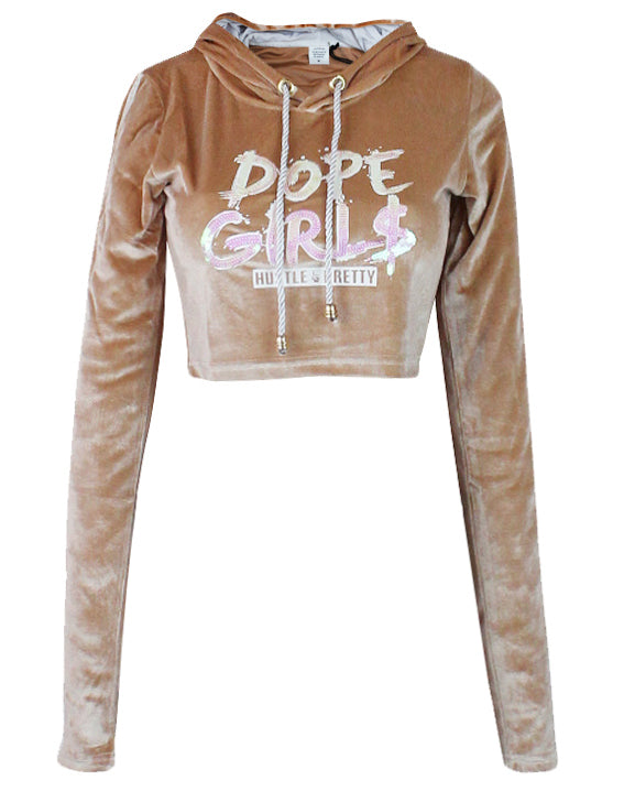 Hood Goodie Womens Panne Velvet Low Cut Hooded Long Sleeve Top Sand