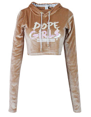 Hood Goodie Womens Panne Velvet Low Cut Hooded Long Sleeve Top Sand