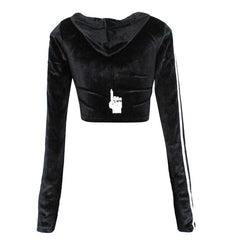 Hood Goodie Womens Panne Velvet Low Cut Hooded Long Sleeve Top Black