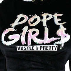 Hood Goodie Womens Panne Velvet Low Cut Hooded Long Sleeve Top Black