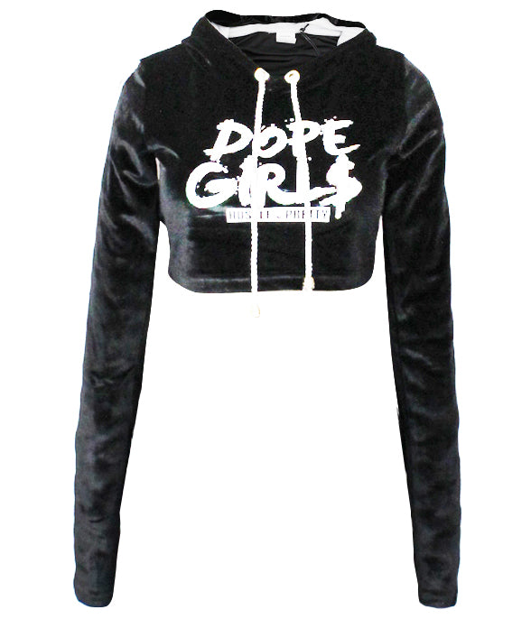 Hood Goodie Womens Panne Velvet Low Cut Hooded Long Sleeve Top Black