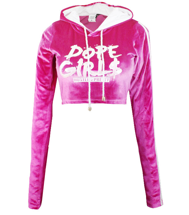 Hood Goodie Womens Panne Velvet Low Cut Hooded Long Sleeve Top Pink